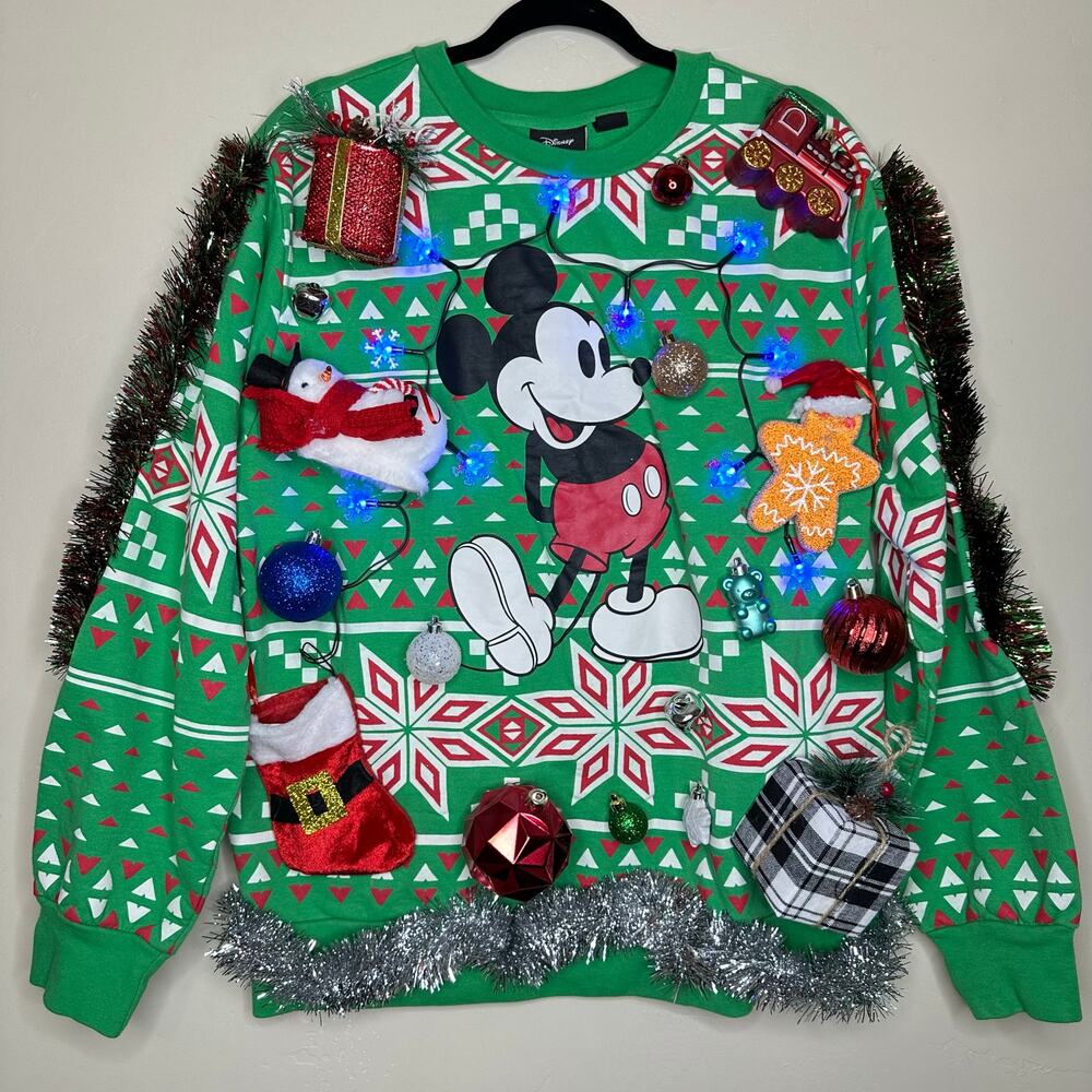 Ugly Christmas Sweater Disney Mickey Mouse LIGHTS UP Tinsel Party Winner Medium